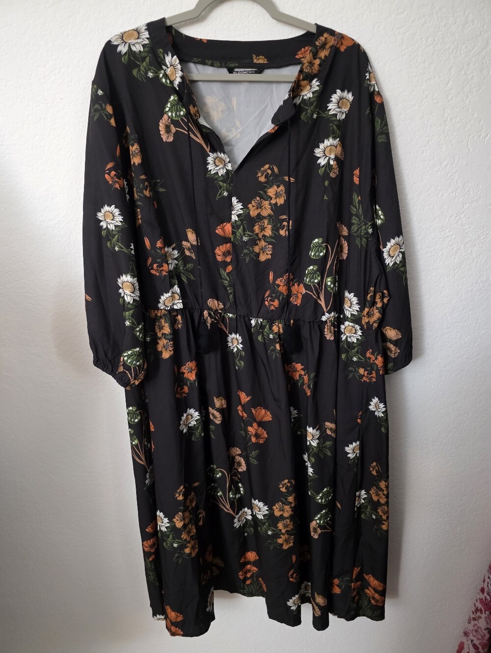 EUC BloomChic Black Dress with Orange and White Floral Motif